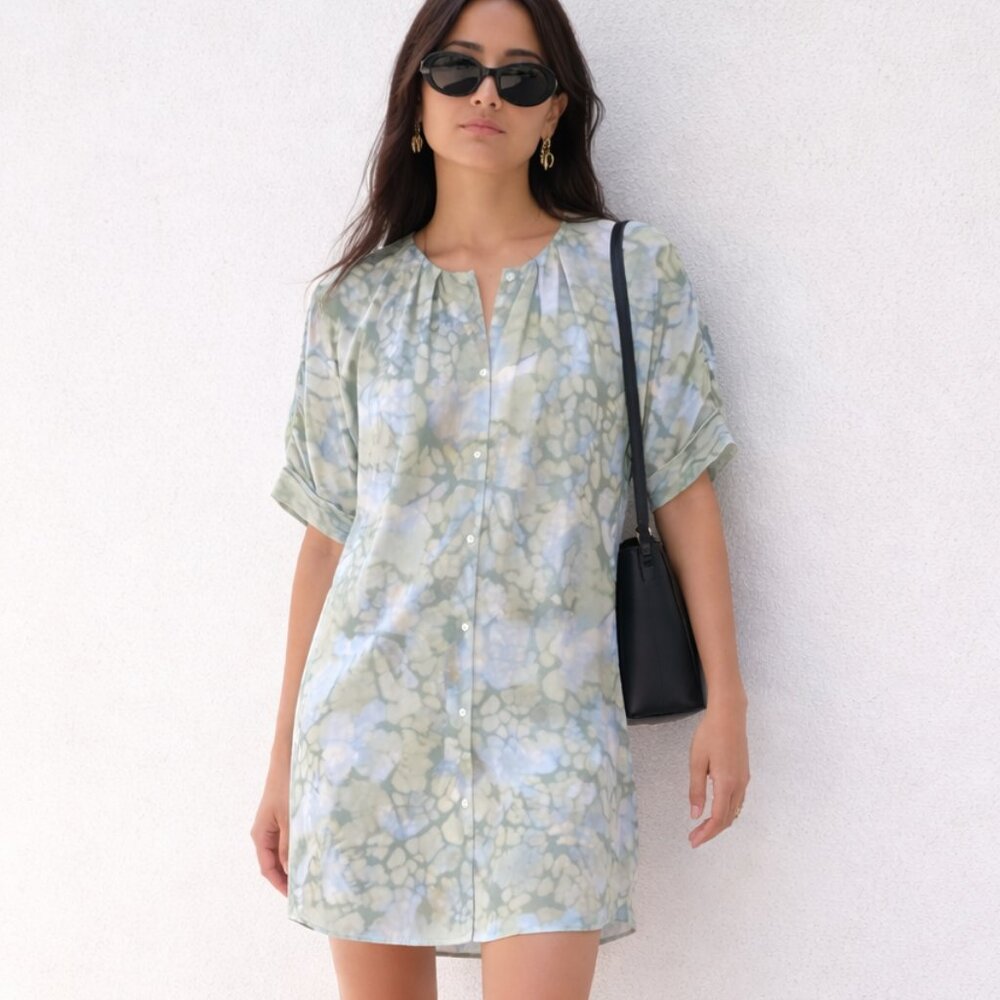 Aritzia Wilfried Silk Bohemian Abstract Print Shirt Dress Tunic Green Rich Girl